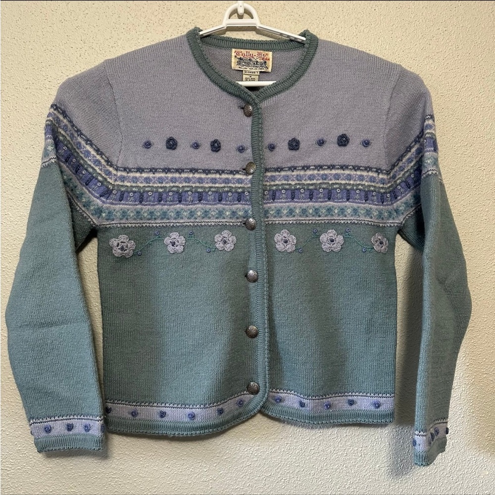 Tally Ho Blue and Gray Floral Fair Isle Cardigan Sweater Medium
